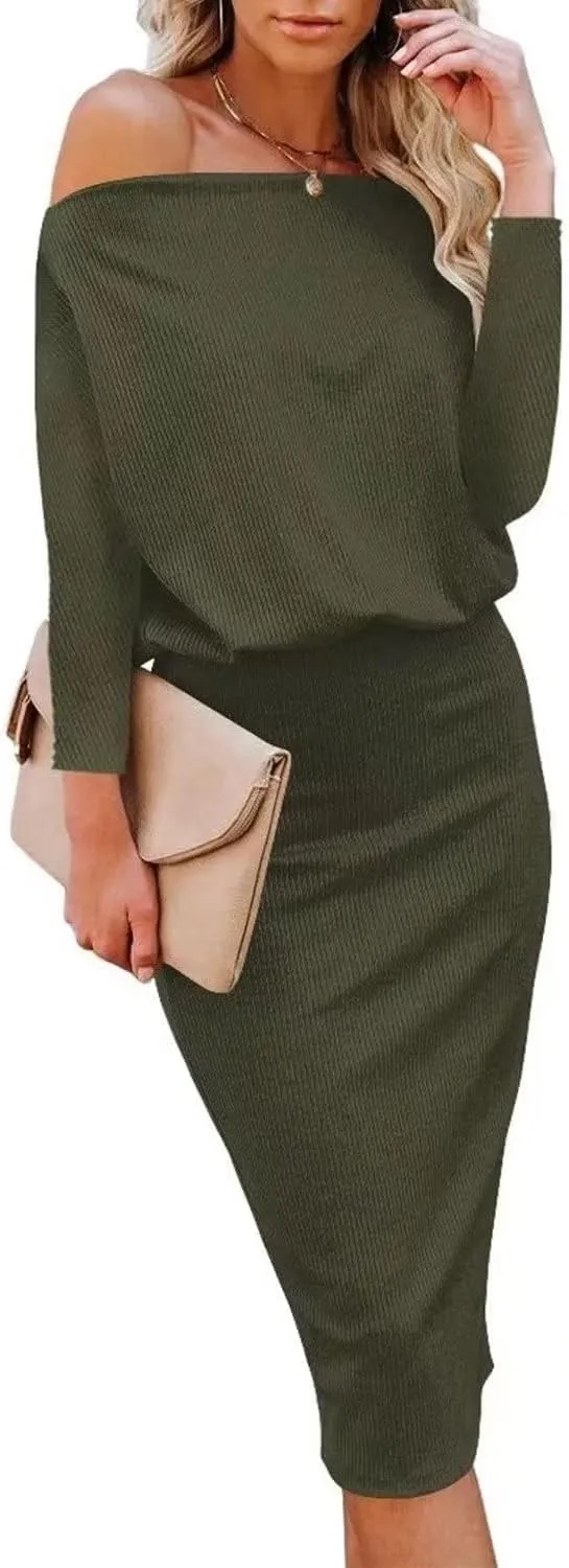 Ezbelle Women's Off The Shoulder 3/4 Sleeve Batwing HIPS-Wrap Pencil Party Sexy Bodycon Midi Dress