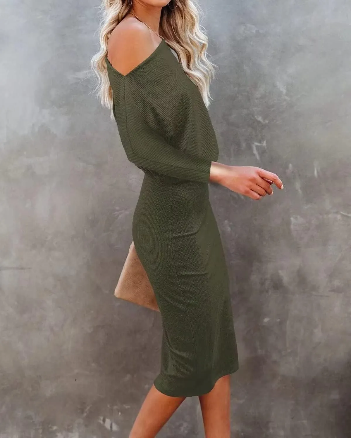 Ezbelle Women's Off The Shoulder 3/4 Sleeve Batwing HIPS-Wrap Pencil Party Sexy Bodycon Midi Dress