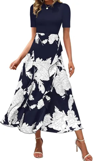 Floral Dress for Women Wedding Guest Summer Maxi Dresses Casual Flowy Short Sleeve Crewneck Cocktail Party Sundresses