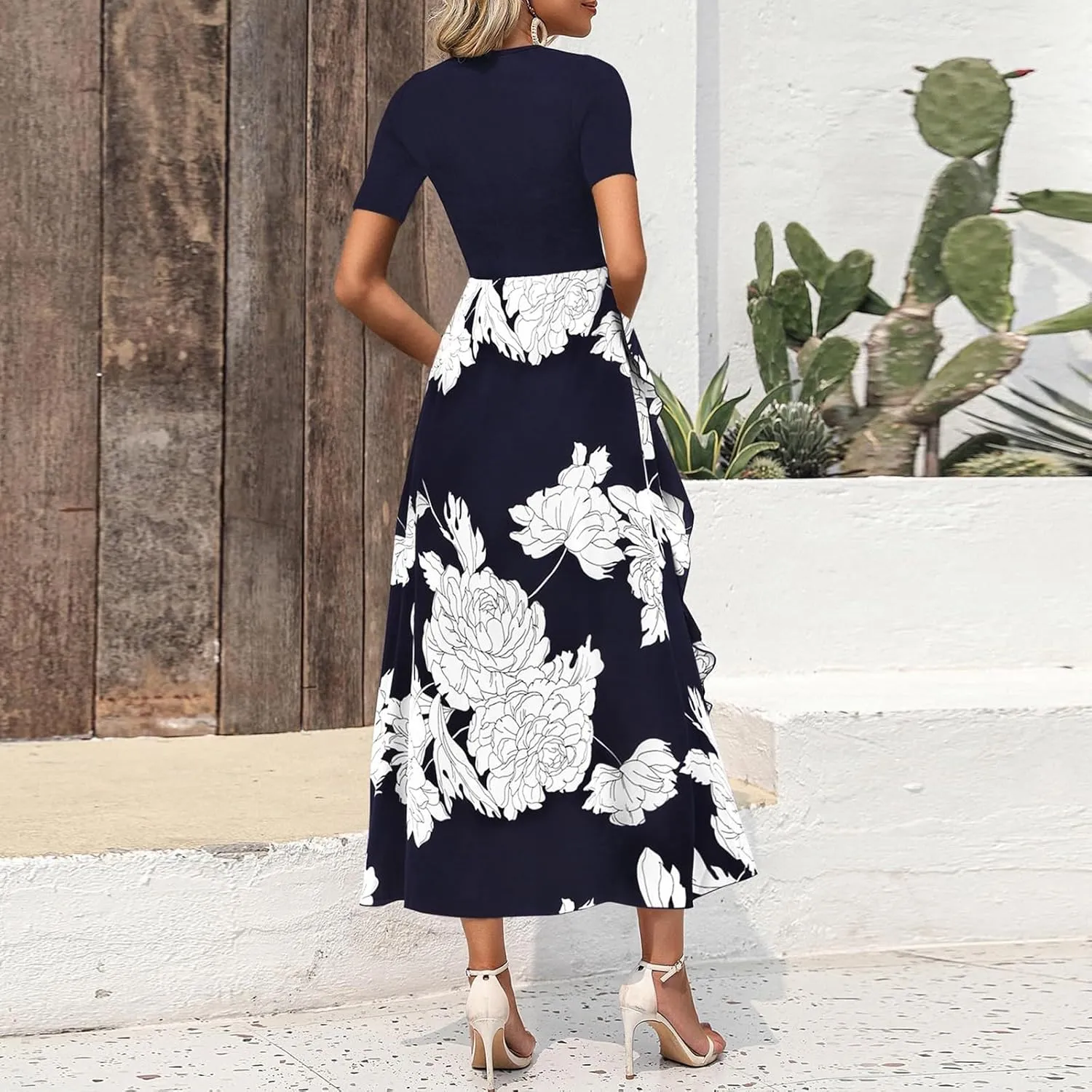 Floral Dress for Women Wedding Guest Summer Maxi Dresses Casual Flowy Short Sleeve Crewneck Cocktail Party Sundresses