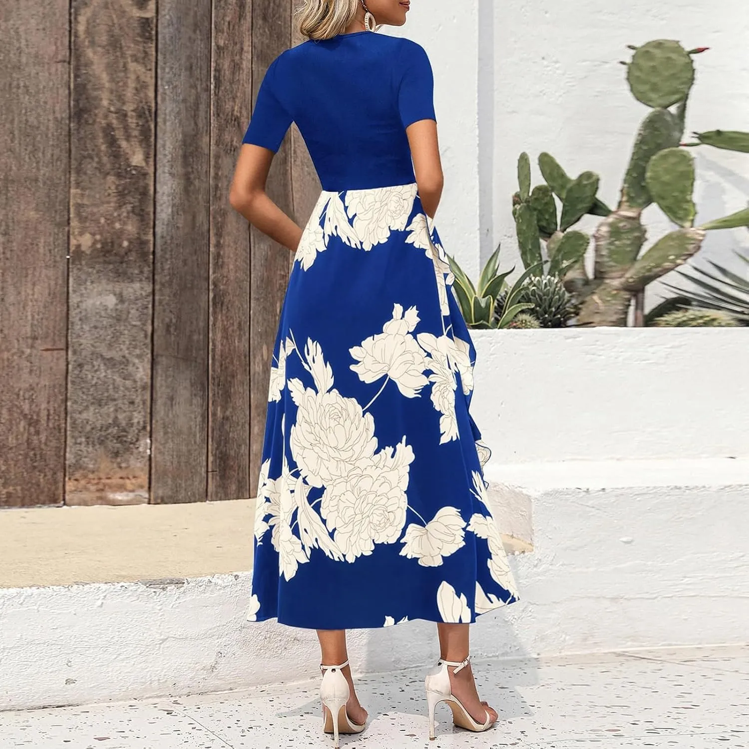 Floral Dress for Women Wedding Guest Summer Maxi Dresses Casual Flowy Short Sleeve Crewneck Cocktail Party Sundresses