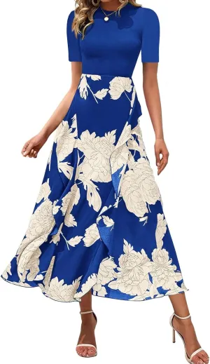 Floral Dress for Women Wedding Guest Summer Maxi Dresses Casual Flowy Short Sleeve Crewneck Cocktail Party Sundresses