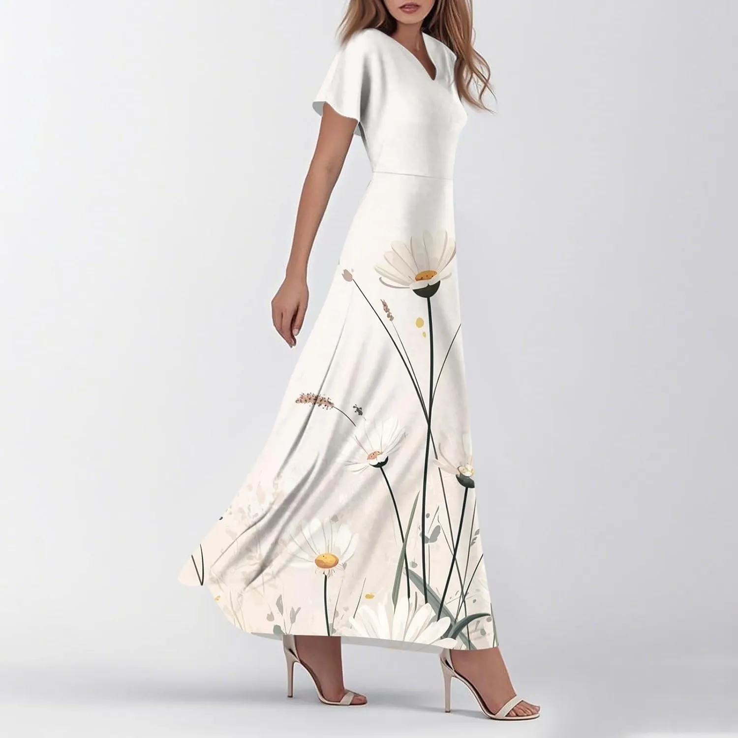 Floral Maxi Dresses for Women 2025 Summer Casual Ruffle Sleeve V Neck Chiffon Dress Flowy Swing Boho Beach Sundresses