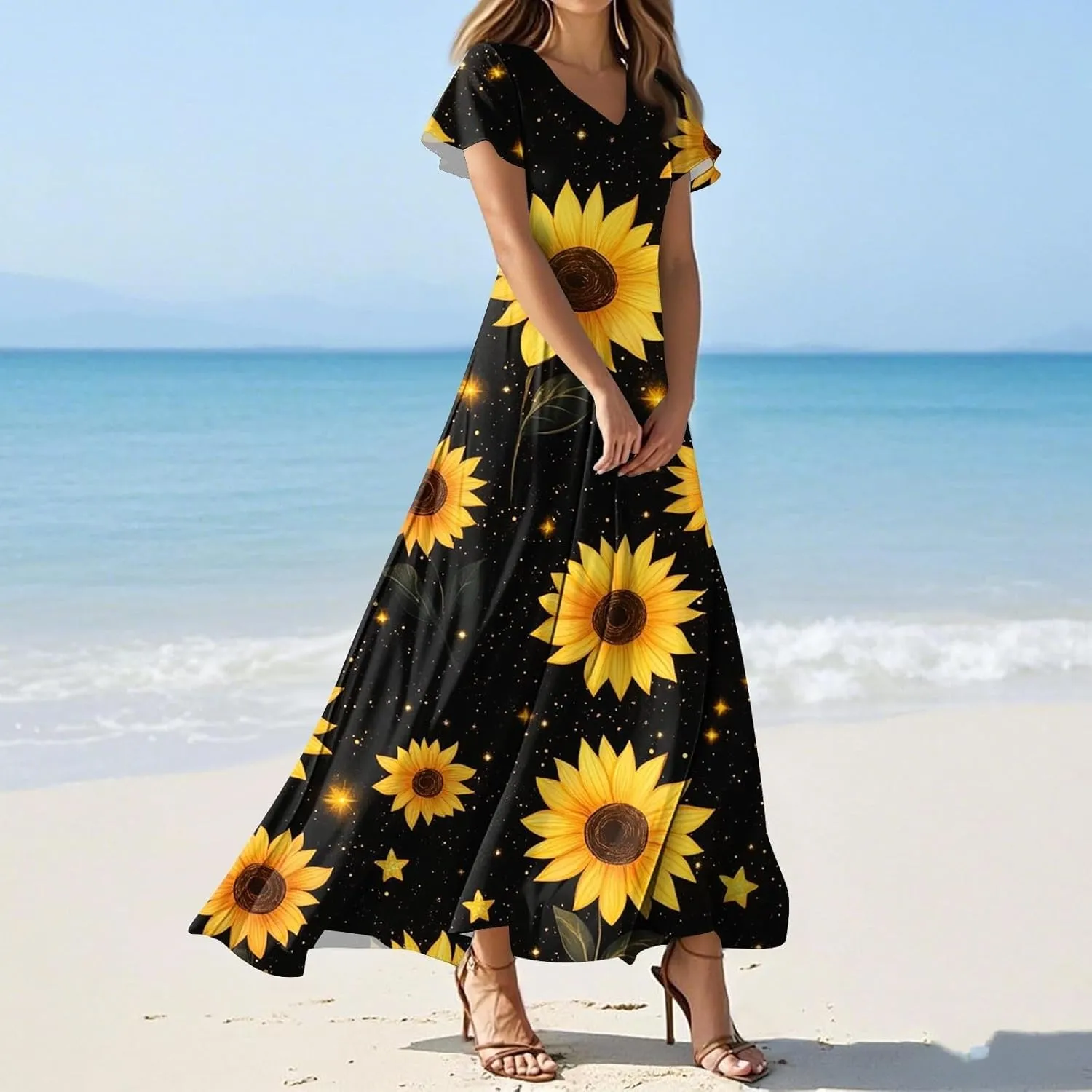 Floral Maxi Dresses for Women 2025 Summer Casual Ruffle Sleeve V Neck Chiffon Dress Flowy Swing Boho Beach Sundresses