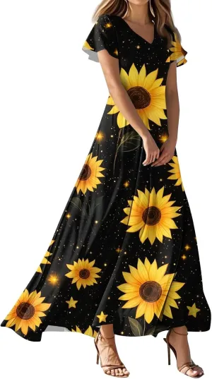Floral Maxi Dresses for Women 2025 Summer Casual Ruffle Sleeve V Neck Chiffon Dress Flowy Swing Boho Beach Sundresses