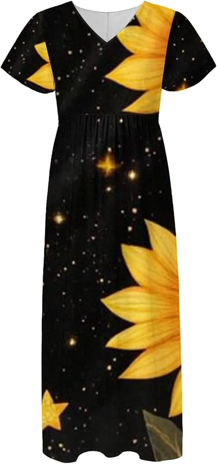 Floral Maxi Dresses for Women 2025 Summer Casual Ruffle Sleeve V Neck Chiffon Dress Flowy Swing Boho Beach Sundresses