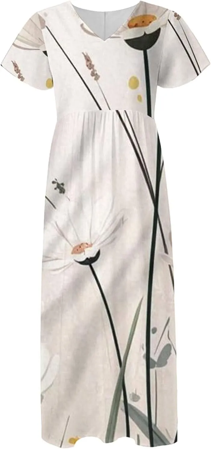 Floral Maxi Dresses for Women 2025 Summer Casual Ruffle Sleeve V Neck Chiffon Dress Flowy Swing Boho Beach Sundresses