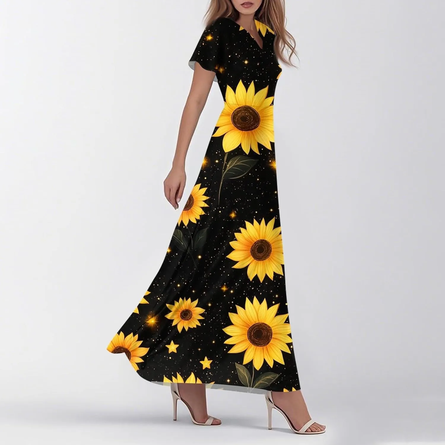 Floral Maxi Dresses for Women 2025 Summer Casual Ruffle Sleeve V Neck Chiffon Dress Flowy Swing Boho Beach Sundresses