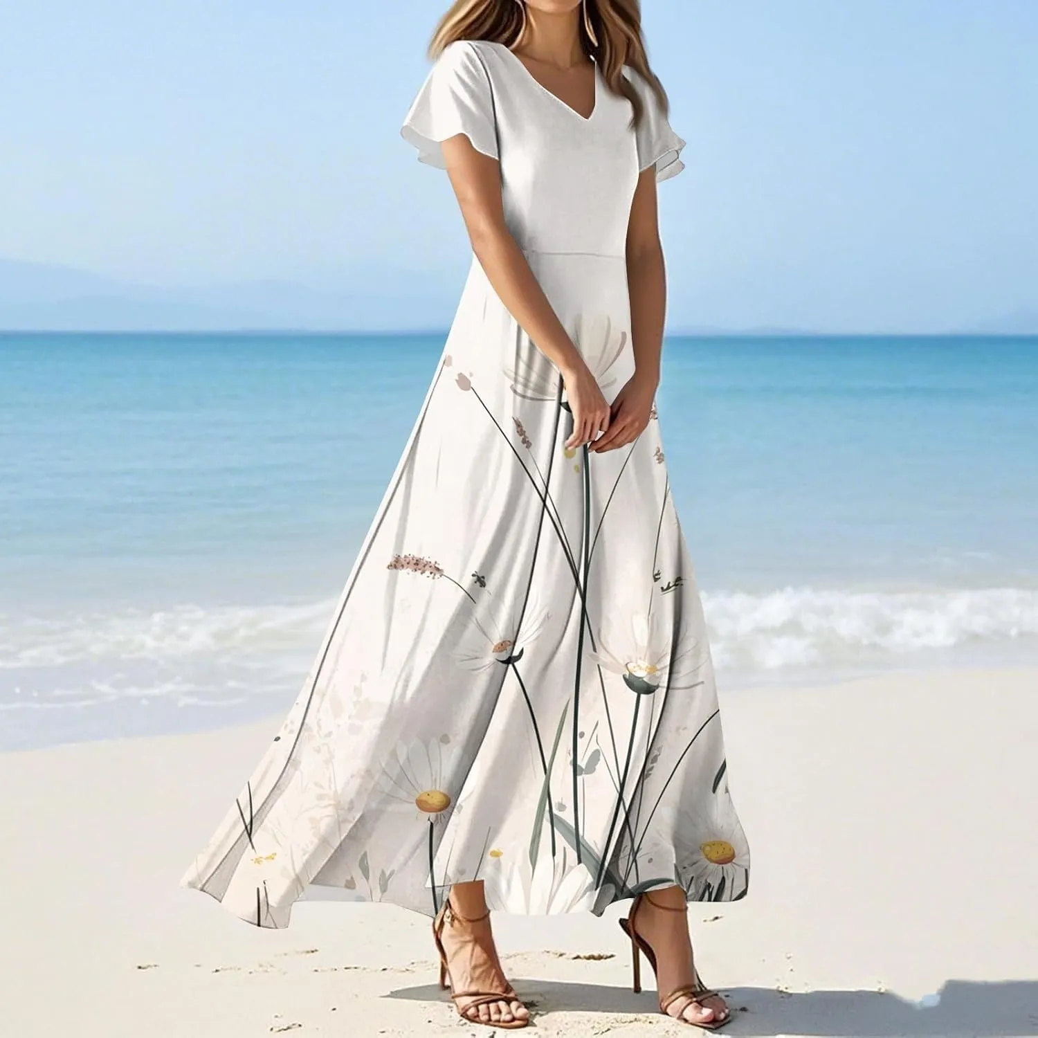 Floral Maxi Dresses for Women 2025 Summer Casual Ruffle Sleeve V Neck Chiffon Dress Flowy Swing Boho Beach Sundresses