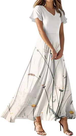 Floral Maxi Dresses for Women 2025 Summer Casual Ruffle Sleeve V Neck Chiffon Dress Flowy Swing Boho Beach Sundresses