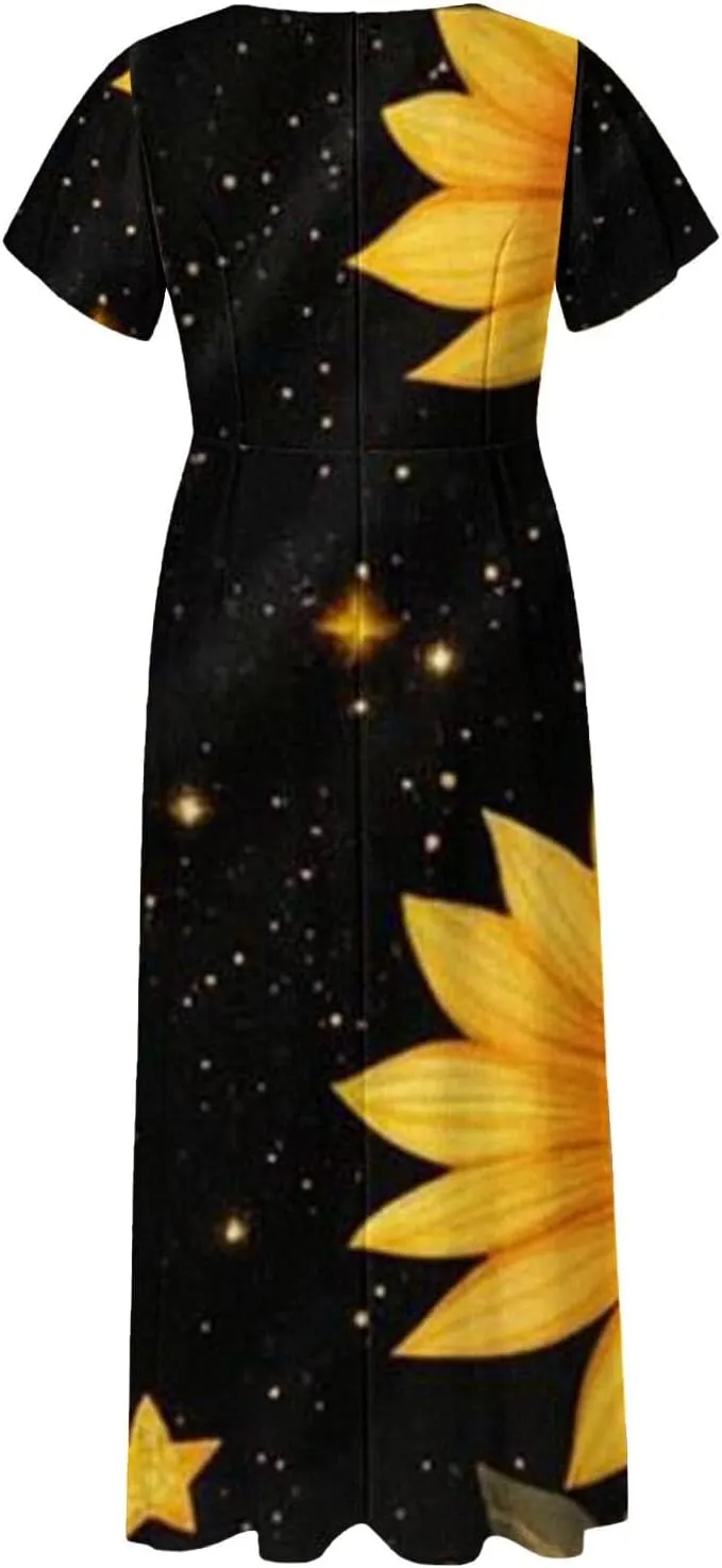 Floral Maxi Dresses for Women 2025 Summer Casual Ruffle Sleeve V Neck Chiffon Dress Flowy Swing Boho Beach Sundresses