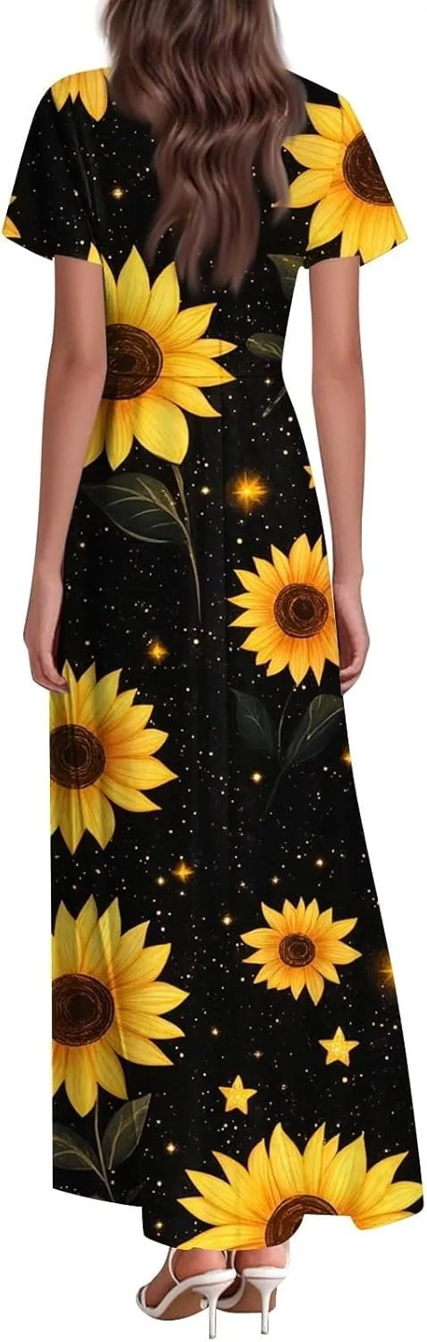 Floral Maxi Dresses for Women 2025 Summer Casual Ruffle Sleeve V Neck Chiffon Dress Flowy Swing Boho Beach Sundresses