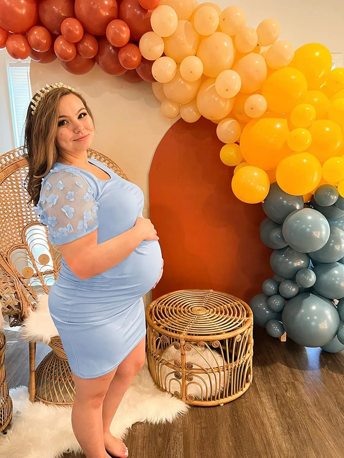 Floral Mesh Bishop Long Sleeve Maternity Midi Dress, Fall Maternity Bodycon Dress for Baby Shower/Photoshoot