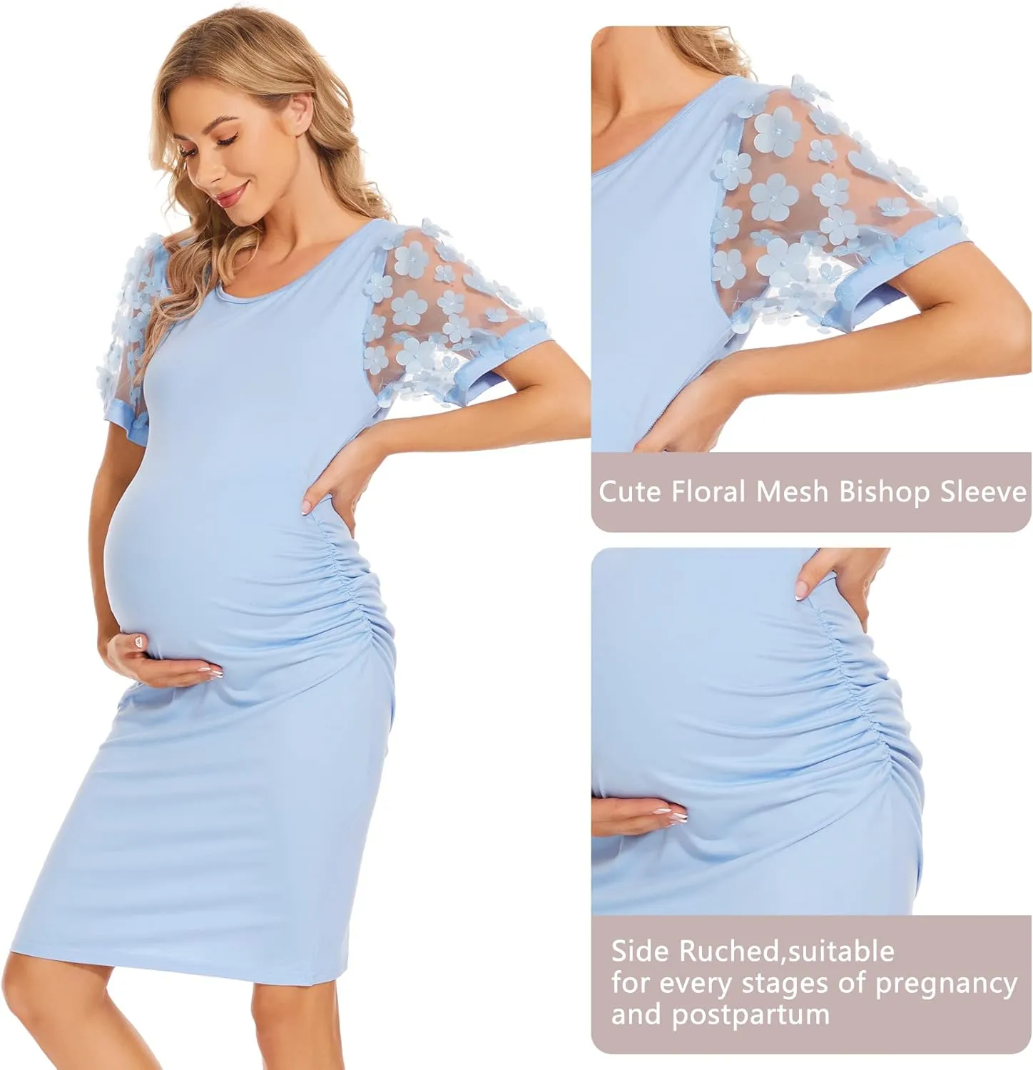 Floral Mesh Bishop Long Sleeve Maternity Midi Dress, Fall Maternity Bodycon Dress for Baby Shower/Photoshoot