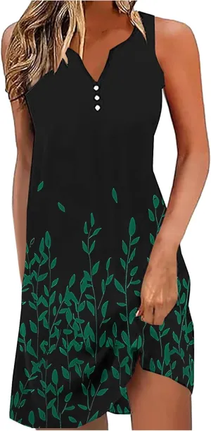 Floral Print Casual Summer Dress for Women Sleeveless Button Front Vintage Vestidos Casuales para Mujer