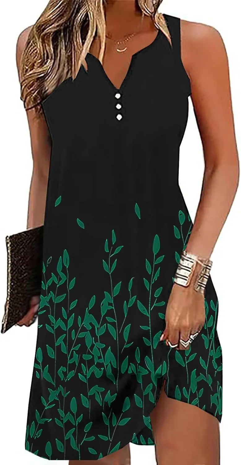 Floral Print Casual Summer Dress for Women Sleeveless Button Front Vintage Vestidos Casuales para Mujer