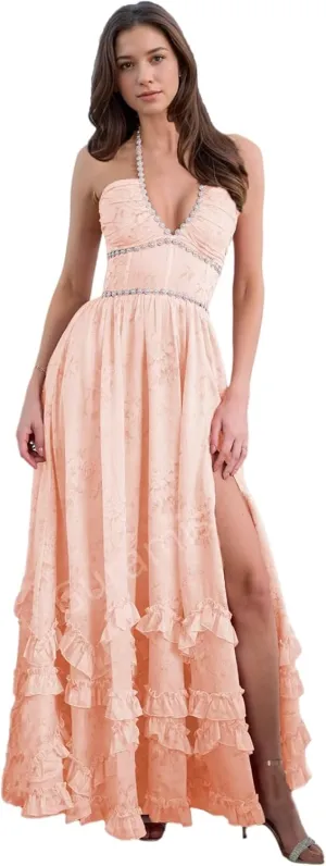 Floral Prom Dresses for Women 2025 Pearl Halter Chiffon Ruffles Ball Gowns Formal Evening Gowns with Slit