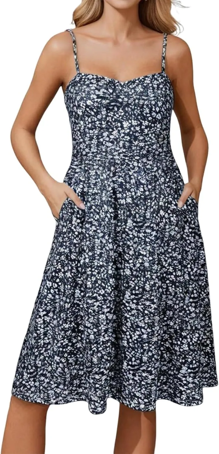 Floral Sundresses for Women 2025 Summer Midi Corset Boho Dresses Casual Spaghetti Straps Flowy Aline Vacation Beach Dress