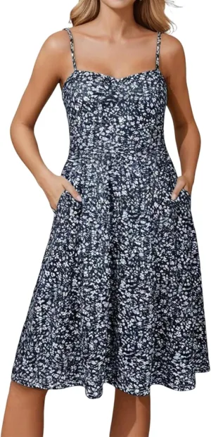 Floral Sundresses for Women 2025 Summer Midi Corset Boho Dresses Casual Spaghetti Straps Flowy Aline Vacation Beach Dress