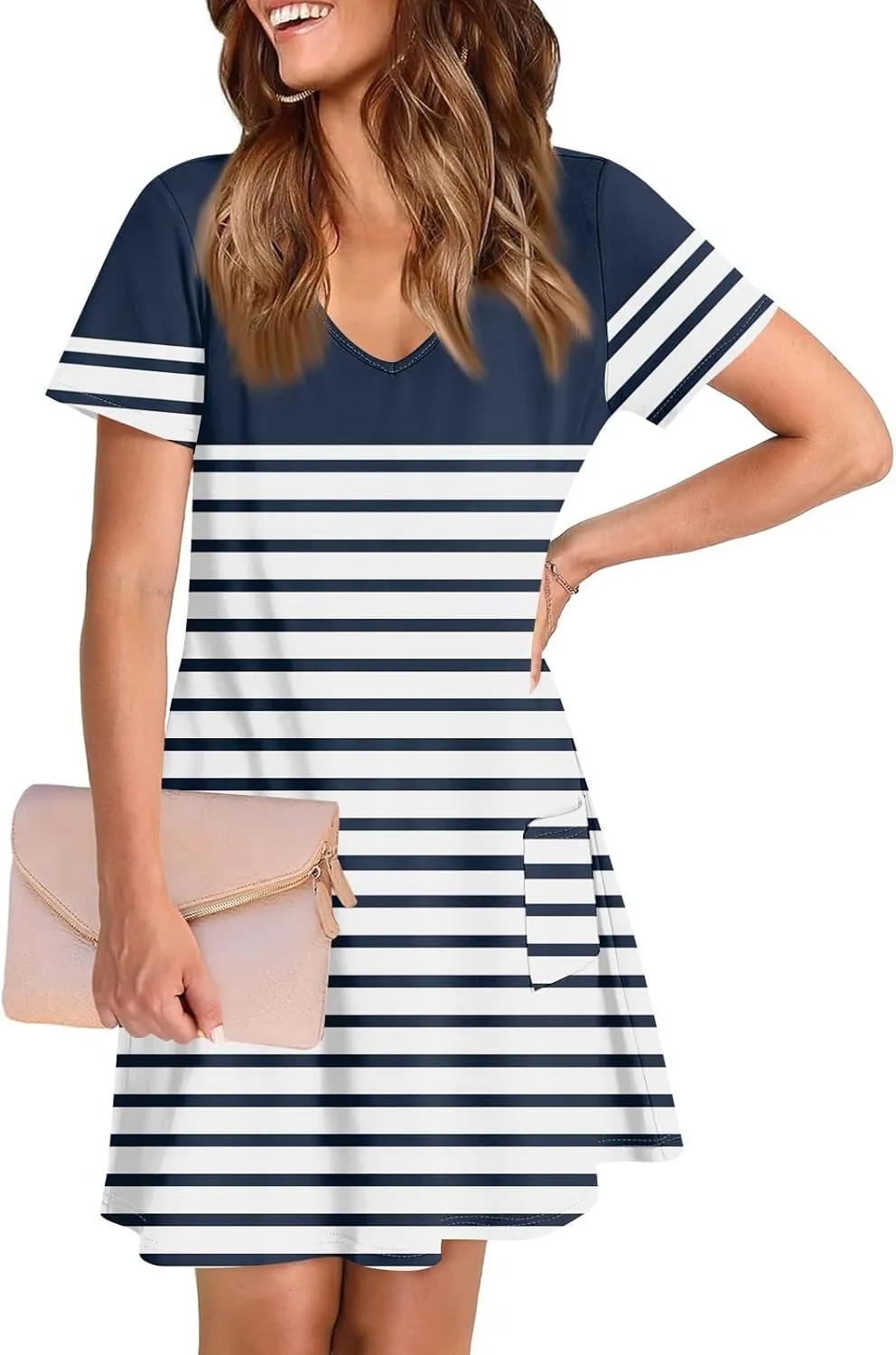 Flowy Summer Dress Crew Neck Short Sleeve Printed Graphic Tshirt Tunic Sexy Mini Dress with Pockets, S-3XL