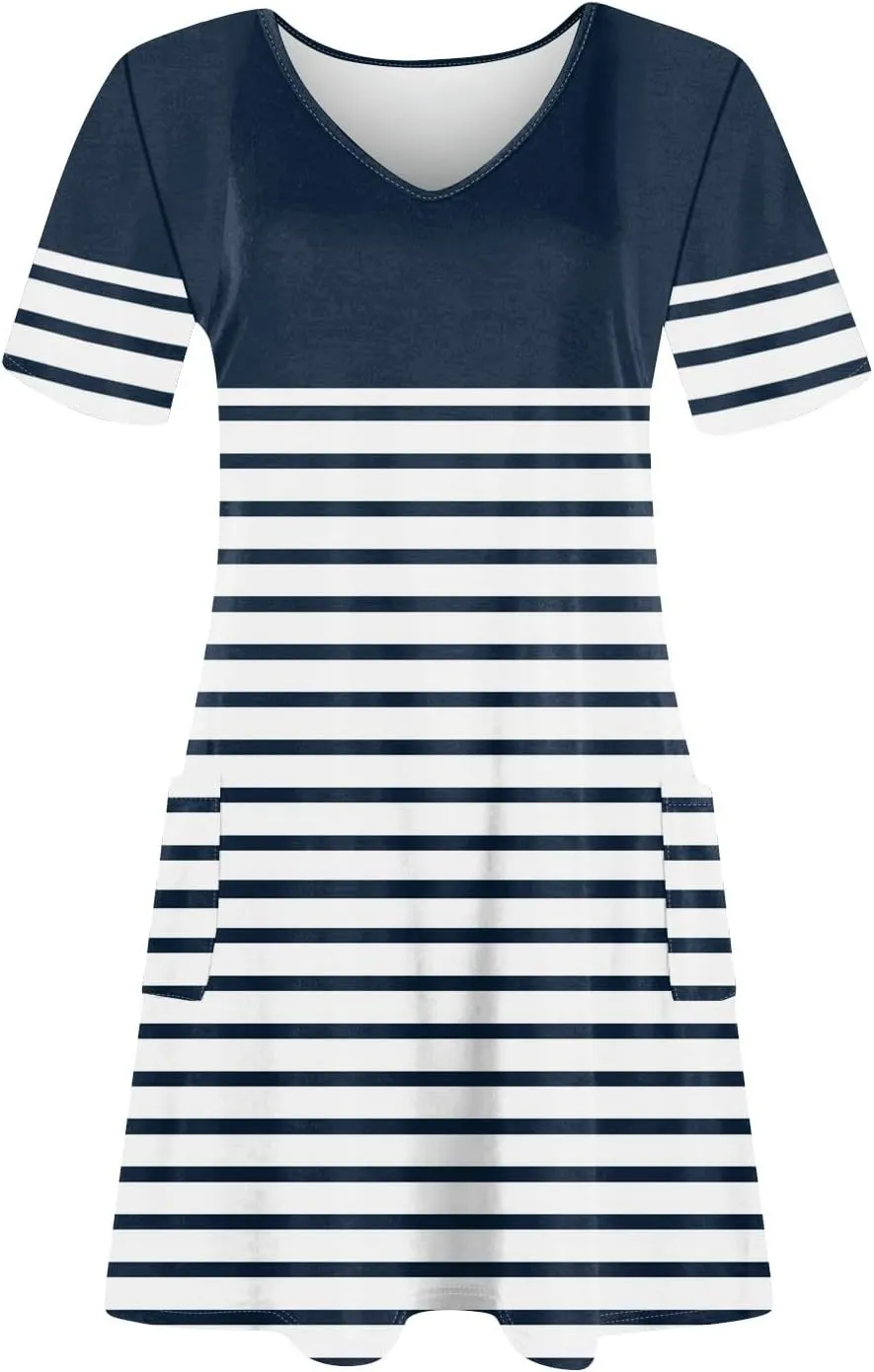 Flowy Summer Dress Crew Neck Short Sleeve Printed Graphic Tshirt Tunic Sexy Mini Dress with Pockets, S-3XL