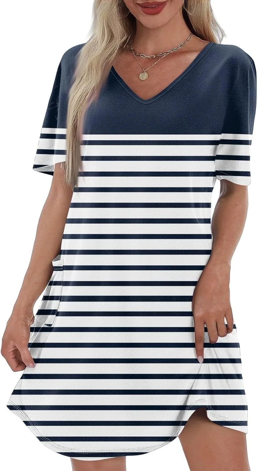 Flowy Summer Dress Crew Neck Short Sleeve Printed Graphic Tshirt Tunic Sexy Mini Dress with Pockets, S-3XL