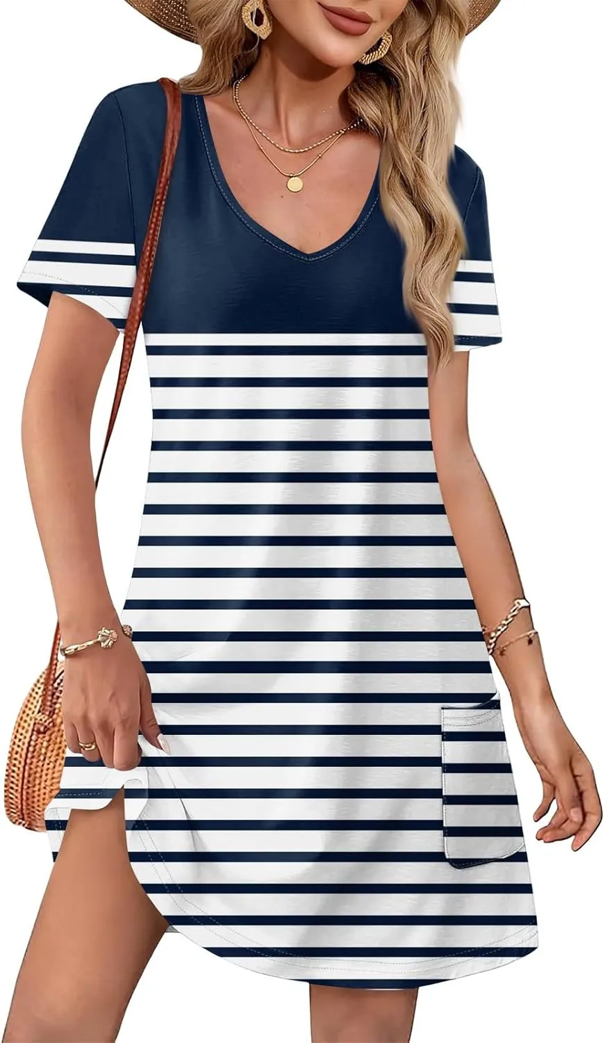 Flowy Summer Dress Crew Neck Short Sleeve Printed Graphic Tshirt Tunic Sexy Mini Dress with Pockets, S-3XL