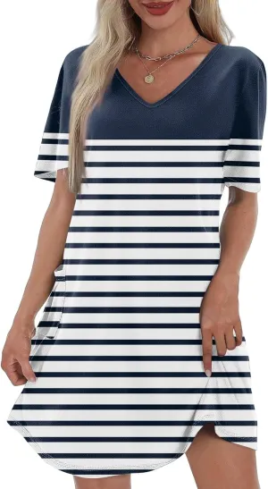 Flowy Summer Dress Crew Neck Short Sleeve Printed Graphic Tshirt Tunic Sexy Mini Dress with Pockets, S-3XL