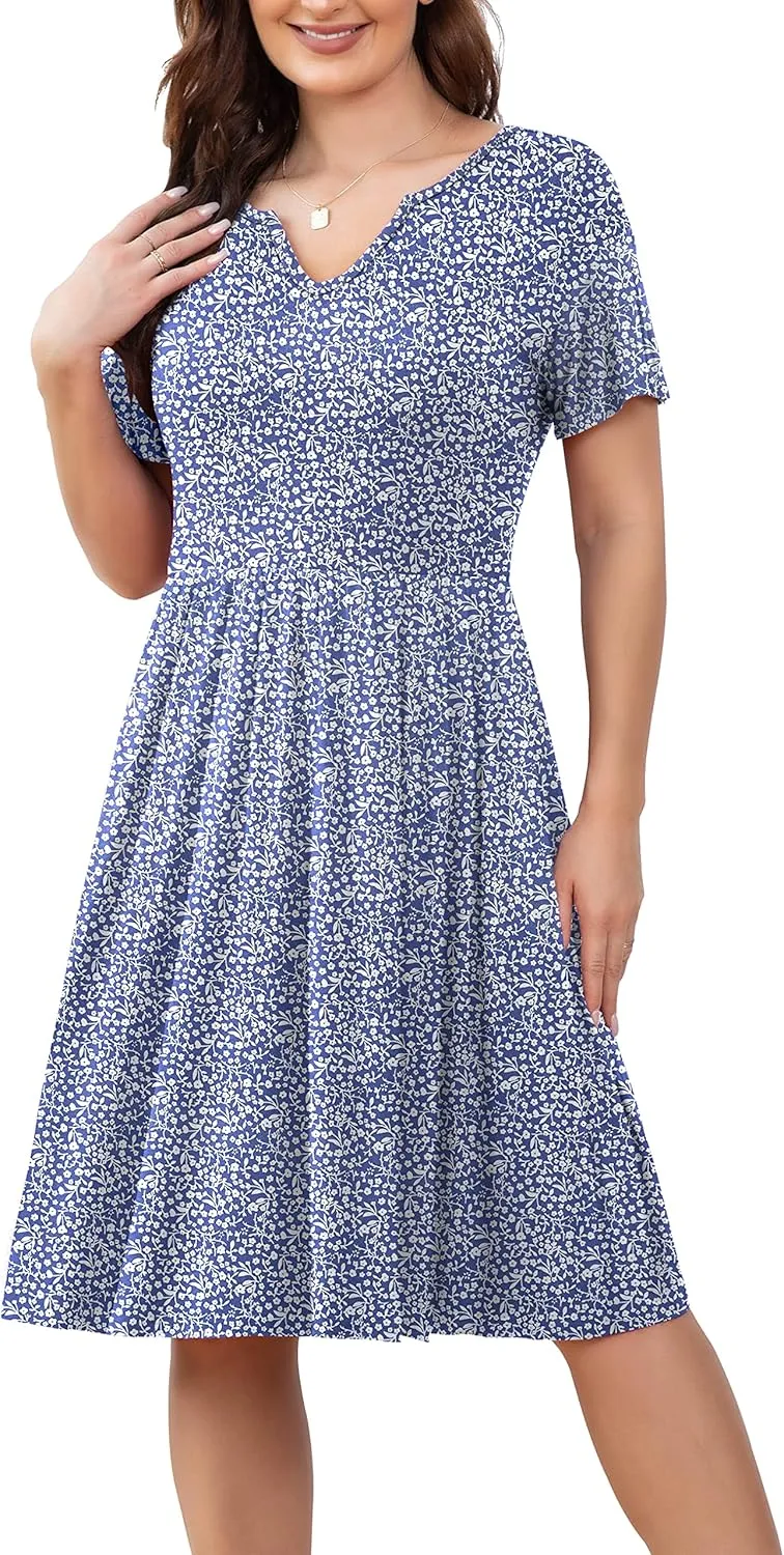 FOLUNSI Women's Plus Size Short Sleeve Pleated Casual Shirt Dress with Pockets
