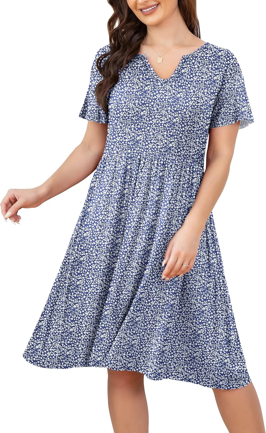 FOLUNSI Women's Plus Size Short Sleeve Pleated Casual Shirt Dress with Pockets