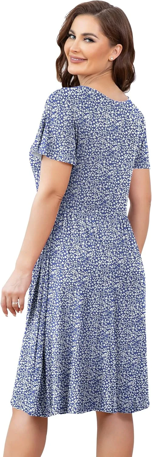 FOLUNSI Women's Plus Size Short Sleeve Pleated Casual Shirt Dress with Pockets