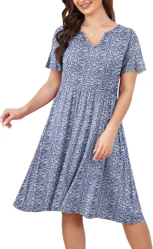 FOLUNSI Women's Plus Size Short Sleeve Pleated Casual Shirt Dress with Pockets