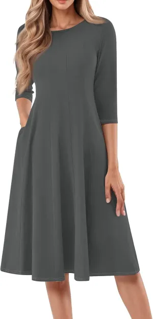 Formal Casual Dresses for Women 2025 Summer Spring 3/4 Sleeve Midi Casual Swing Pleated A Line Dress