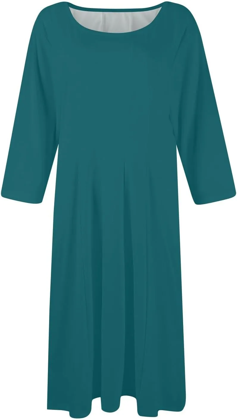 Formal Casual Dresses for Women 2025 Summer Spring 3/4 Sleeve Midi Casual Swing Pleated A Line Dress