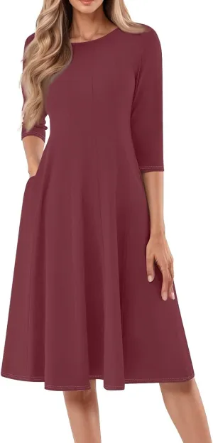Formal Casual Dresses for Women 2025 Summer Spring 3/4 Sleeve Midi Casual Swing Pleated A Line Dress
