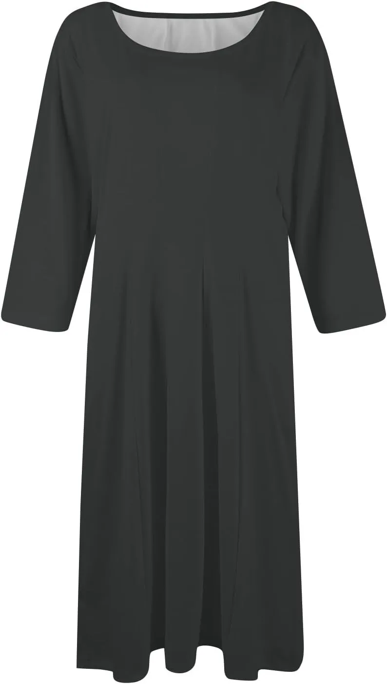 Formal Casual Dresses for Women 2025 Summer Spring 3/4 Sleeve Midi Casual Swing Pleated A Line Dress