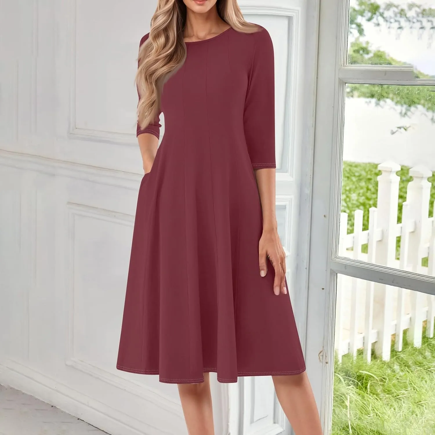 Formal Casual Dresses for Women 2025 Summer Spring 3/4 Sleeve Midi Casual Swing Pleated A Line Dress
