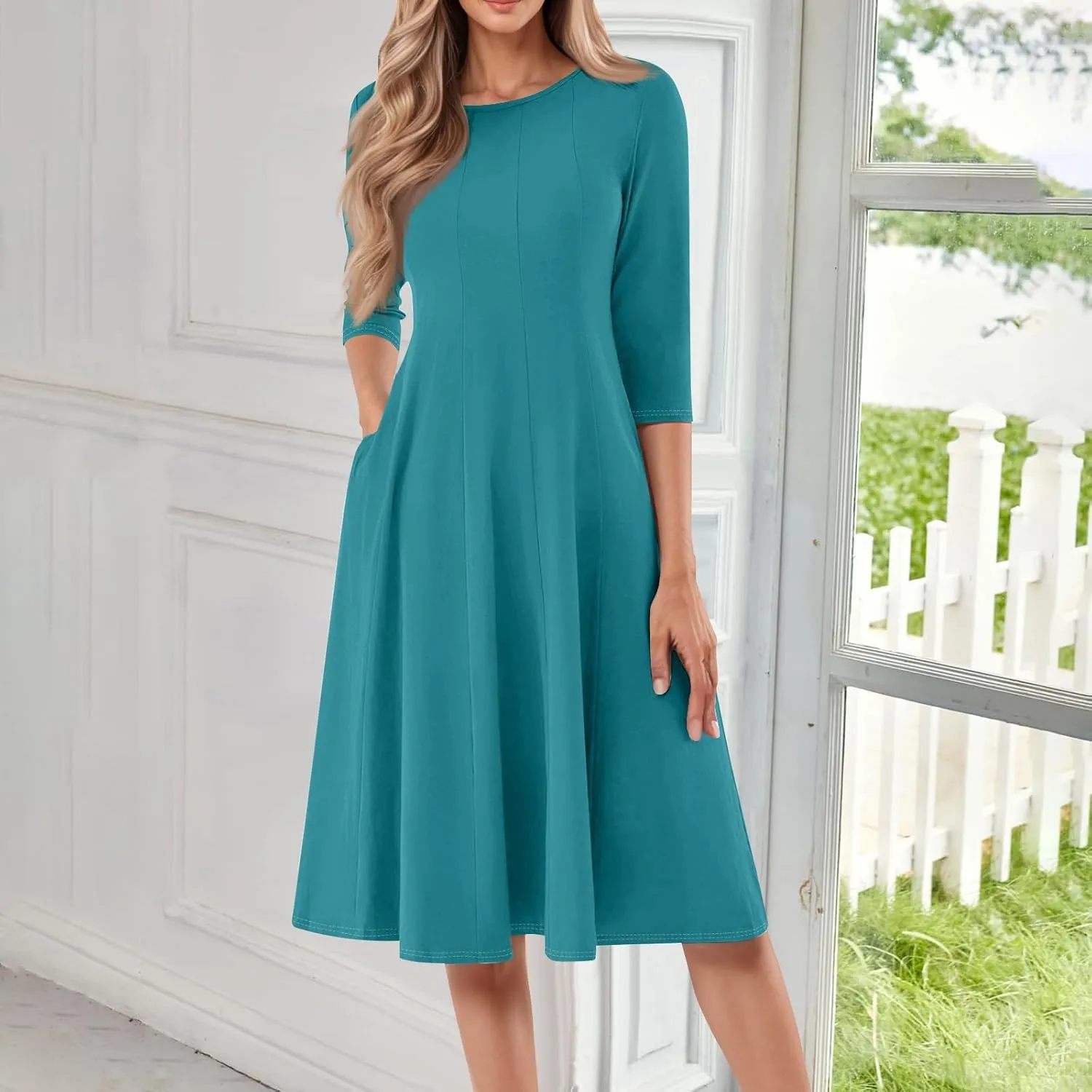 Formal Casual Dresses for Women 2025 Summer Spring 3/4 Sleeve Midi Casual Swing Pleated A Line Dress