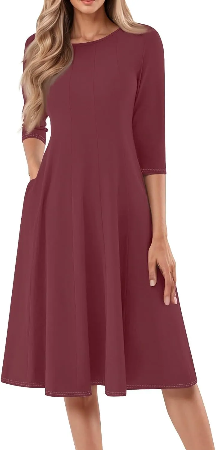 Formal Casual Dresses for Women 2025 Summer Spring 3/4 Sleeve Midi Casual Swing Pleated A Line Dress