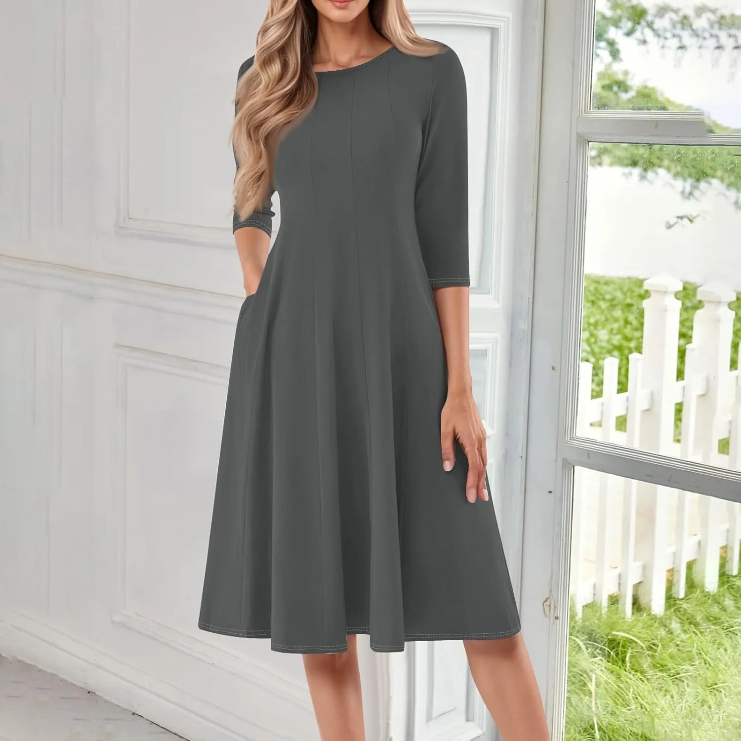 Formal Casual Dresses for Women 2025 Summer Spring 3/4 Sleeve Midi Casual Swing Pleated A Line Dress