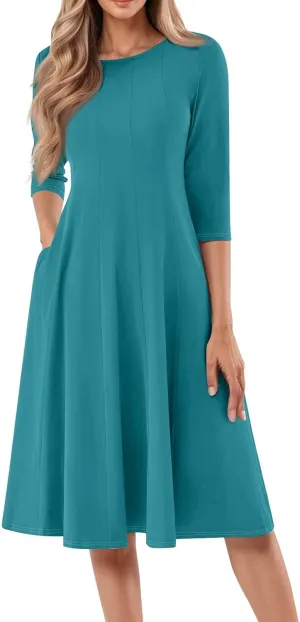 Formal Casual Dresses for Women 2025 Summer Spring 3/4 Sleeve Midi Casual Swing Pleated A Line Dress
