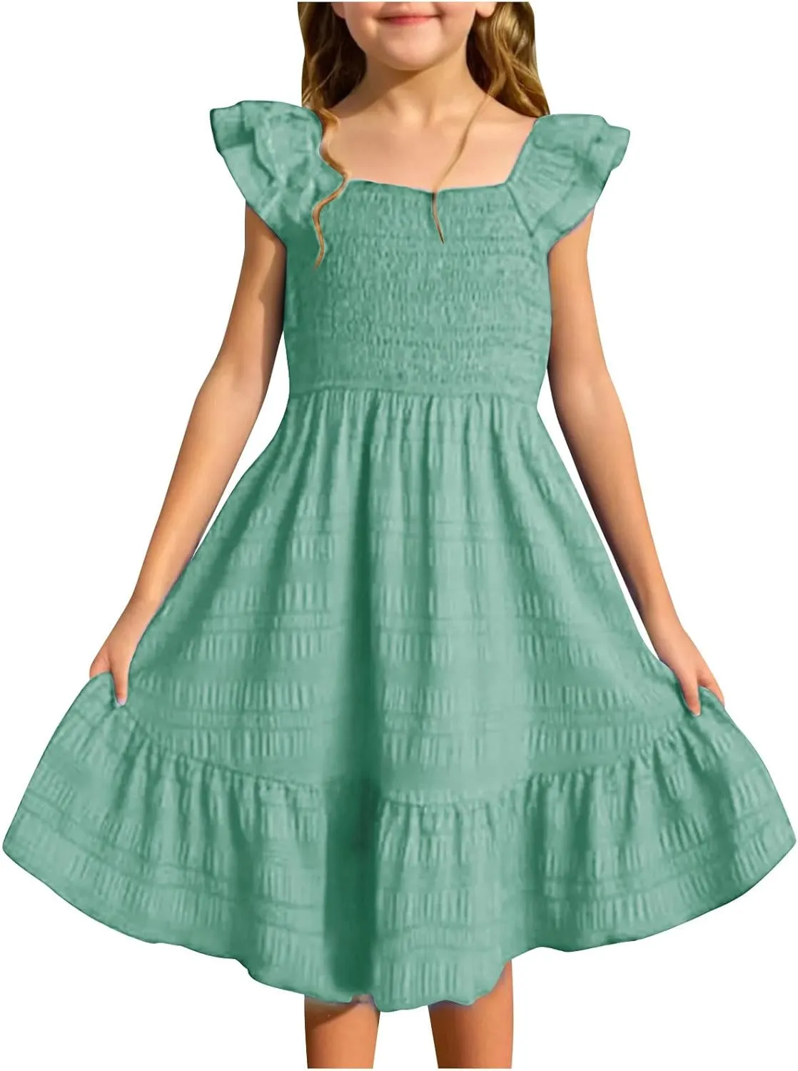 Girls Summer Dresses Casual Boho Smocked Ruffle Beach Mini Sundress Flared Sleeve Layered Flowy Swing Dress 3-14T