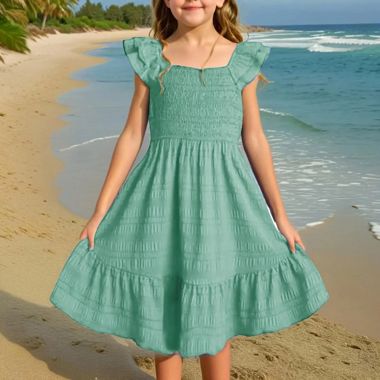 Girls Summer Dresses Casual Boho Smocked Ruffle Beach Mini Sundress Flared Sleeve Layered Flowy Swing Dress 3-14T