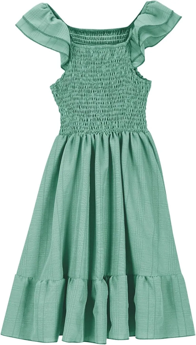 Girls Summer Dresses Casual Boho Smocked Ruffle Beach Mini Sundress Flared Sleeve Layered Flowy Swing Dress 3-14T