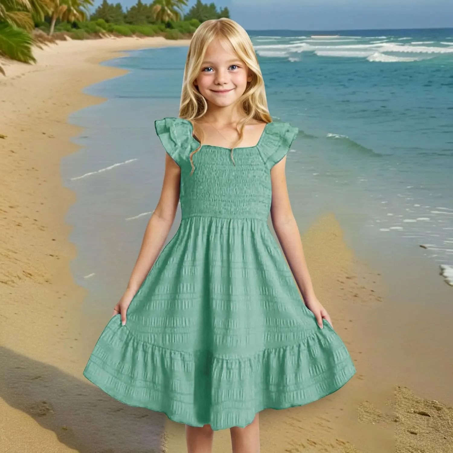 Girls Summer Dresses Casual Boho Smocked Ruffle Beach Mini Sundress Flared Sleeve Layered Flowy Swing Dress 3-14T