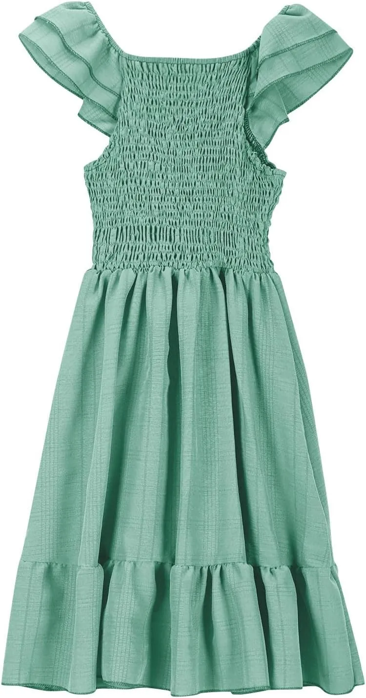 Girls Summer Dresses Casual Boho Smocked Ruffle Beach Mini Sundress Flared Sleeve Layered Flowy Swing Dress 3-14T