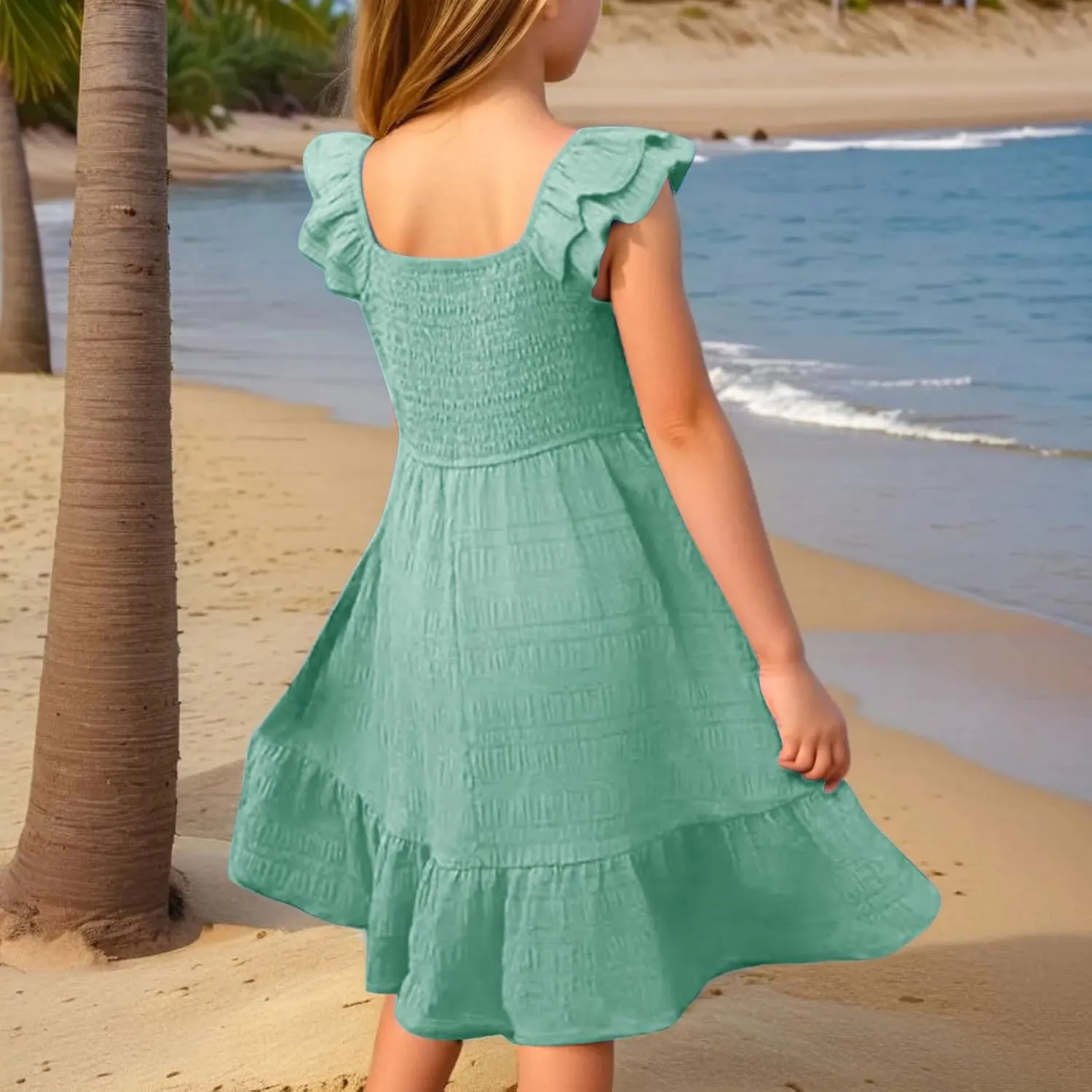 Girls Summer Dresses Casual Boho Smocked Ruffle Beach Mini Sundress Flared Sleeve Layered Flowy Swing Dress 3-14T