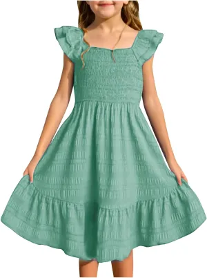 Girls Summer Dresses Casual Boho Smocked Ruffle Beach Mini Sundress Flared Sleeve Layered Flowy Swing Dress 3-14T