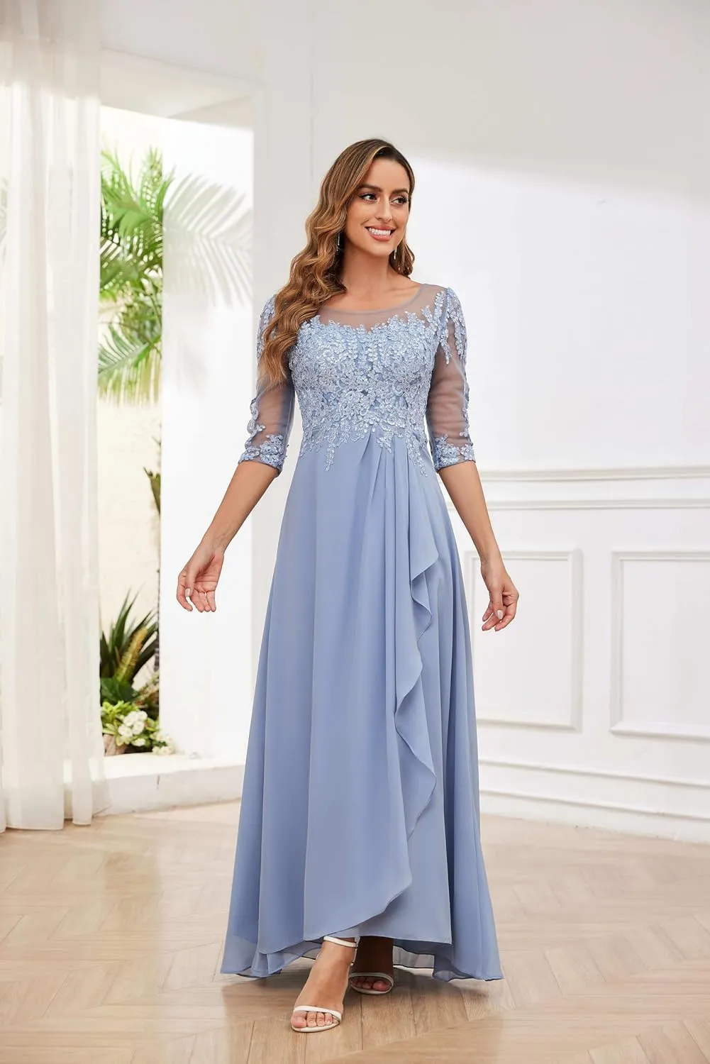 GUKARLEED Women's Ruffles Chiffon Mother of The Bride Dresses 3/4 Sleeve Formal Dress Sequin Appliques Wedding Guest Dress