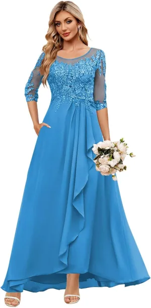 GUKARLEED Women's Ruffles Chiffon Mother of The Bride Dresses 3/4 Sleeve Formal Dress Sequin Appliques Wedding Guest Dress